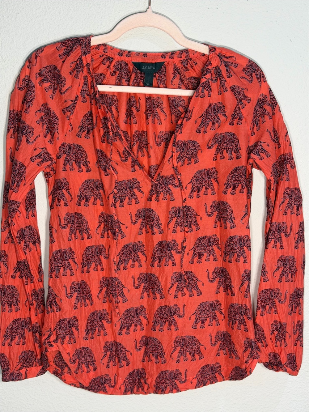 J. Crew Coral Red Elephant Print V-Neck Blouse